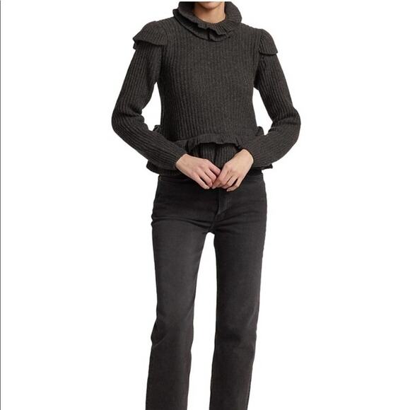 GANNI Rib Ruffle Trim Turtleneck Sweater Gray Wool Open Back Large - Picture 12 of 15